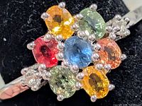 Front view of ring showing multicolour sapphire cluster