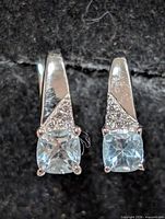 Front view of earrings showing blue topaz stones and accent panel