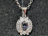 Close-up of pendant showing mystic topaz and surrounding CZ stones