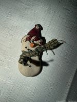 Front view of wooden snowman brooch with hat, scarf and facial details