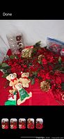 Full lot showing floral picks, ornament boxes, plush bears, ribbon spools and stocking ornament