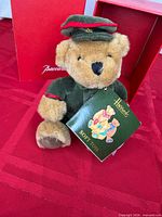 Front view of teddy bear with tag and box