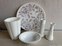 Group shot of all five items: three vases, dish, plate