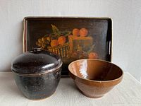 Pot, bowl and painted tray full view