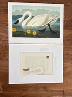 Full view of both lithograph prints—image plate above, text sheet below—on floor