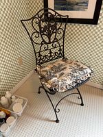 Full view of wrought iron chair with toile cushion showing back design and legs