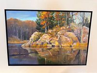 Full view of framed oil painting, landscape scene