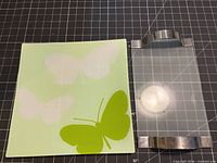 Top view of square butterfly plate and clear tray with metal handle