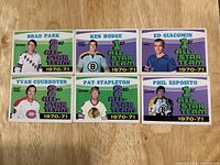 Fronts of six O-Pee-Chee All-Star cards showing player images and team designations