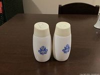 Front view of both shakers showing cornflower motif and overall condition