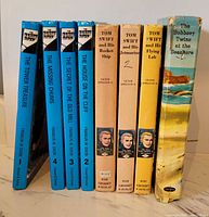 Spine view showing four Hardy Boys blue spines, three Tom Swift yellow spines, Bobbsey Twins front cover