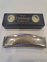 Hohner harmonica and closed box, top graphics visible