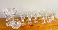 Full set showing pitcher, bowl, six goblets, four liqueur glasses
