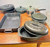 All cookware grouped on table showing shapes, materials and lids