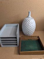 Group shot showing vase, letter tray, dice tray