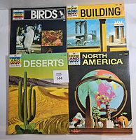 Front covers of four How and Why Wonder Books: Birds, Building, Deserts, North America