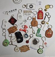 Overall view of approx. 25 assorted keychains laid out