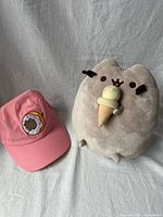 Overall view showing pink Pusheen cap beside Pusheen plush