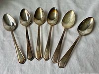 All six spoons lined up on cloth