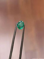 Oval green emerald held by tweezers front view