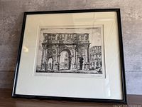 Full view of framed etching showing frame, mat and artwork