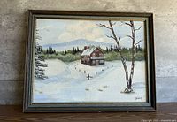 Full view of framed winter landscape oil painting