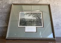 Full view of framed engraving showing frame, mat and artwork