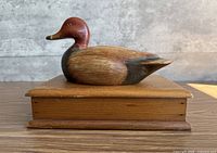 Side view of duck decoy on wooden box