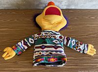 Full view of puppet front showing size, colours, body and arms