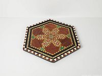 Full overhead view of hexagonal marquetry tray