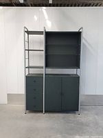 Frontal view showing full shelving system components and color