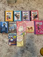 All eleven books laid out on rug