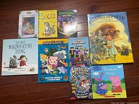 Overview of eight of the nine books laid out on hardwood floor