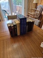 All twelve books standing upright on table showing spines