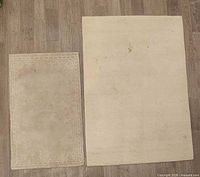 Both rugs side by side on floor showing overall size comparison and stains