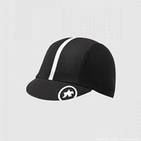 Front view of ASSOS black cap with white stripe and logo