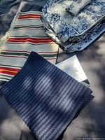 Lot overview showing both rugs folded and organizer fabric