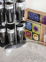 Spice rack, glass plate front, boxed napkin set