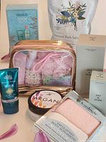 Group shot of all bath and body items including toiletry bag