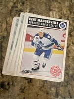 Stack of Score 1992 hockey cards, top card Kent Manderville Toronto Maple Leafs
