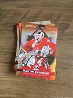 Stack of Tim Hortons Team Canada cards, top card Martin Brodeur