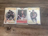 All three Daniel Alfredsson hockey trading cards in protective sleeves side by side