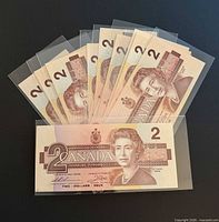 Fan arrangement of ten Canadian $2 notes in sleeves