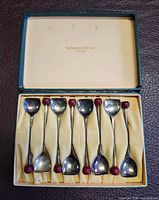 Open box showing eight bakelite-handle bar spoons in satin lining