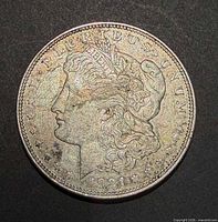 Obverse of 1921 Morgan dollar showing Liberty head and date