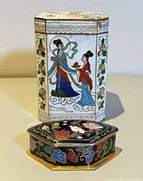 Both cloisonné boxes together, showing scale and decoration