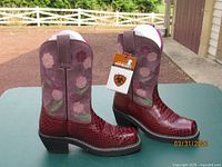 Side view of both boots showing burgundy anaconda print foot, dark rose shaft, floral embroidery, attached tag