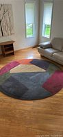 Full view of round color-block rug placed on hardwood floor