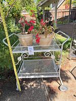 Full view of wrought iron cart with two mesh shelves, scrollwork, two wheels, two legs