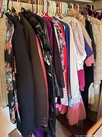 Closet rod full of assorted women’s garments, showing variety of coats, jackets, blouses and dresses